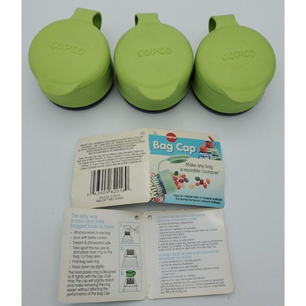 3 Copco Bag Caps, Make Any Bag A Reusable Container, Smart Gadgets Green